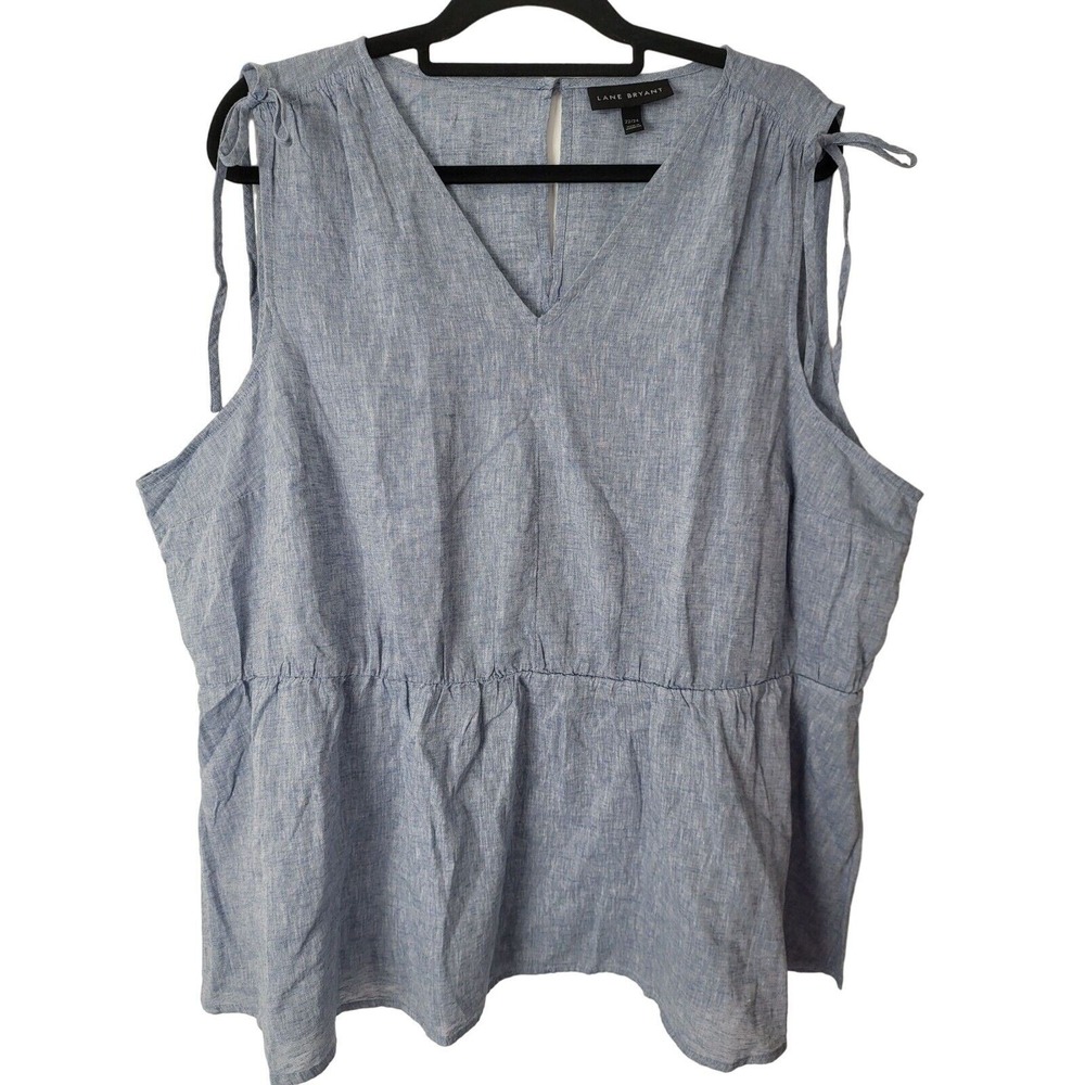 Lane Bryant Tank Blouse 22/24 Womens Plus Size Linen Blend V Neck Blue Top